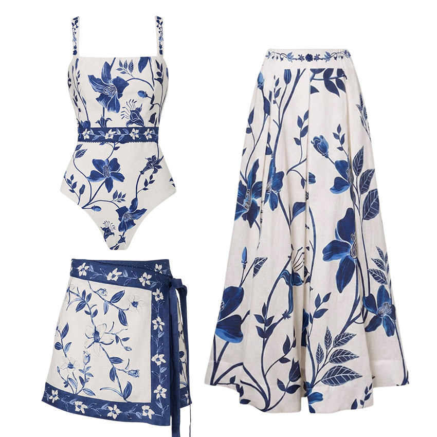 Adjustable Straps Blue & White Floral Print Swimsuit Set(s)