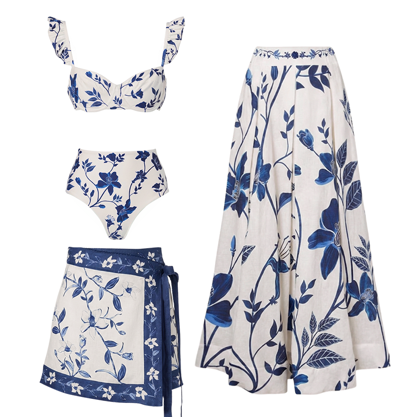 Adjustable Straps Blue & White Floral Print Swimsuit Set(s)