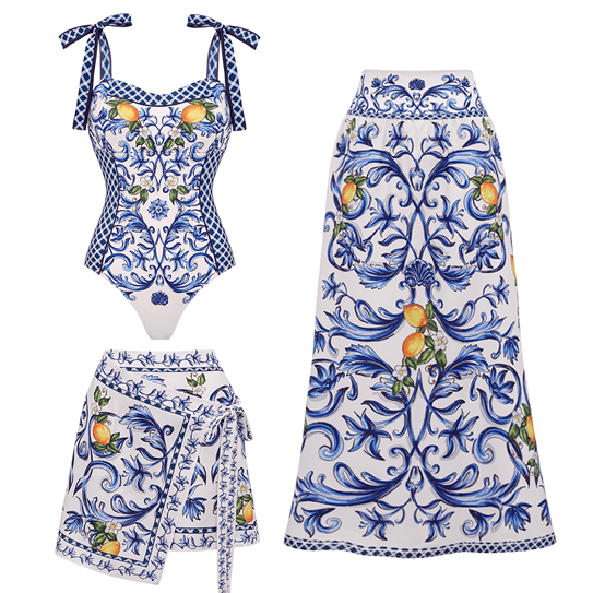 Bowknot Shoulder Lemon Printed Swimsuit Set(s)