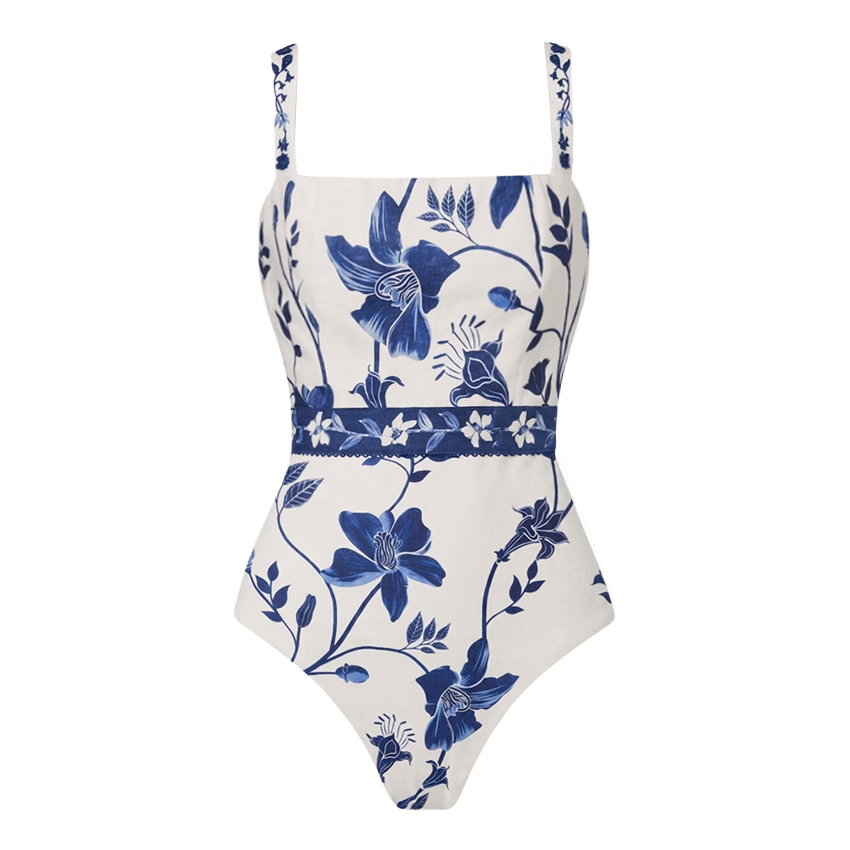 Adjustable Straps Blue & White Floral Print Swimsuit Set(s)