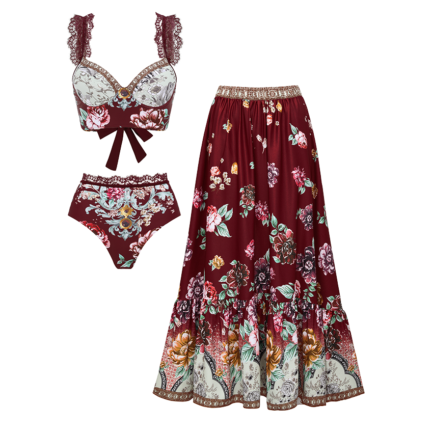 Lace Decoration Peony Print Swimsuit Set(s)