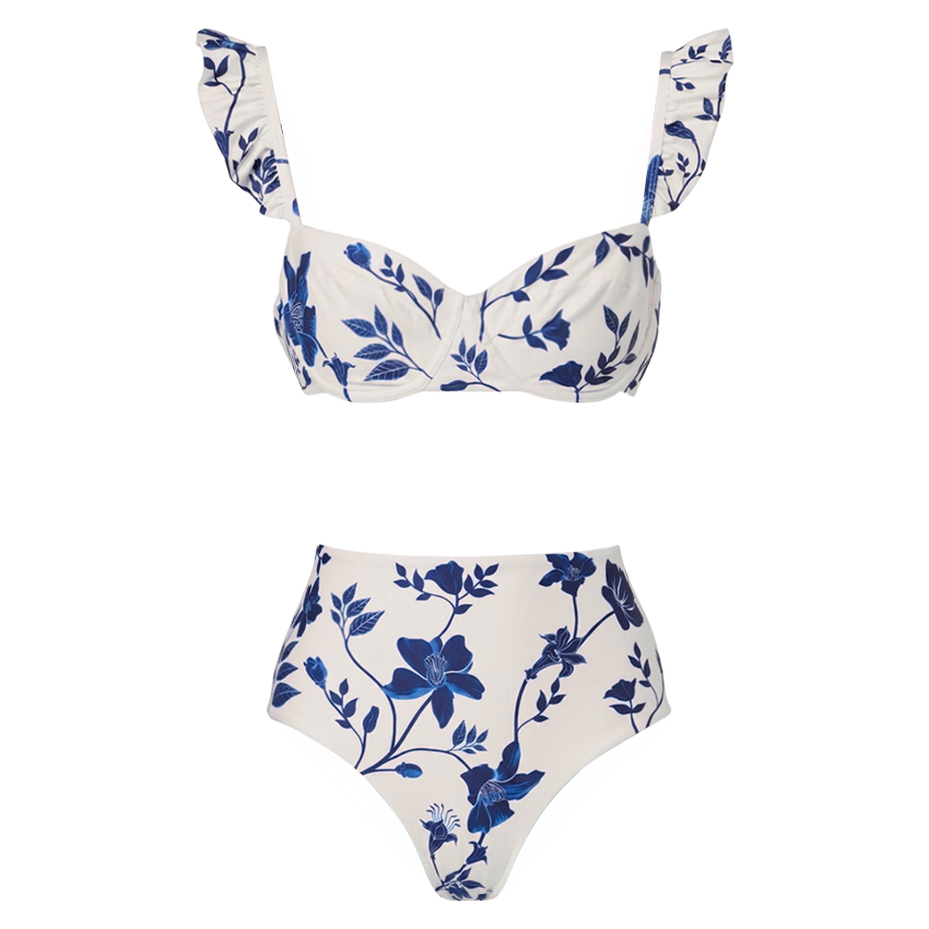 Adjustable Straps Blue & White Floral Print Swimsuit Set(s)