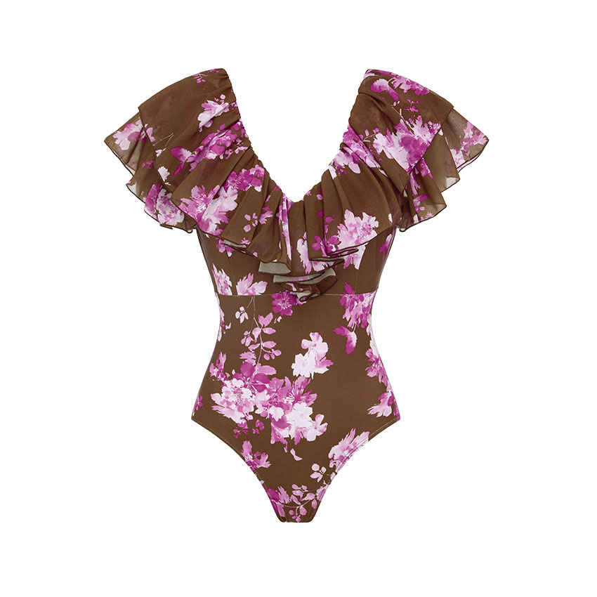 V Neck Ruffle Blossom Print Swimsuit Set(s)