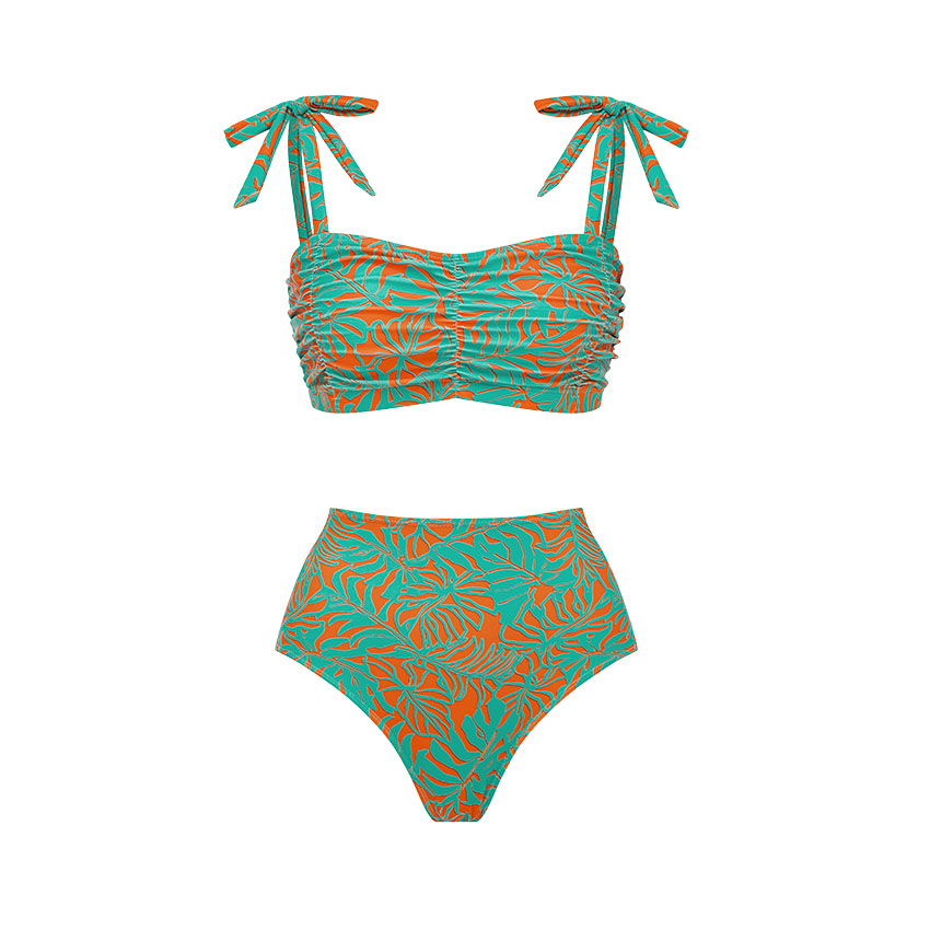 Bandage Bowknot Design Color Block Printed Swimsuit Set(s)