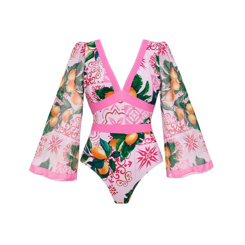V Neck Long Sleeve Lemon Print Swimsuit Set(s)