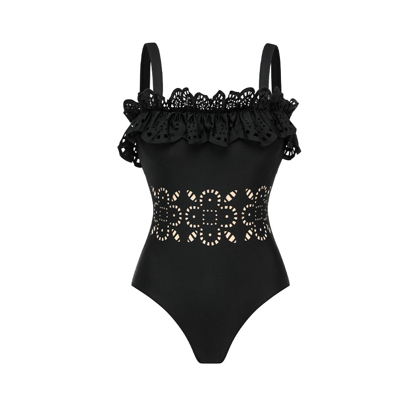 Ruffle Black Laser Cutting Flower Hollow Ruffle Swimsuit Set(s)