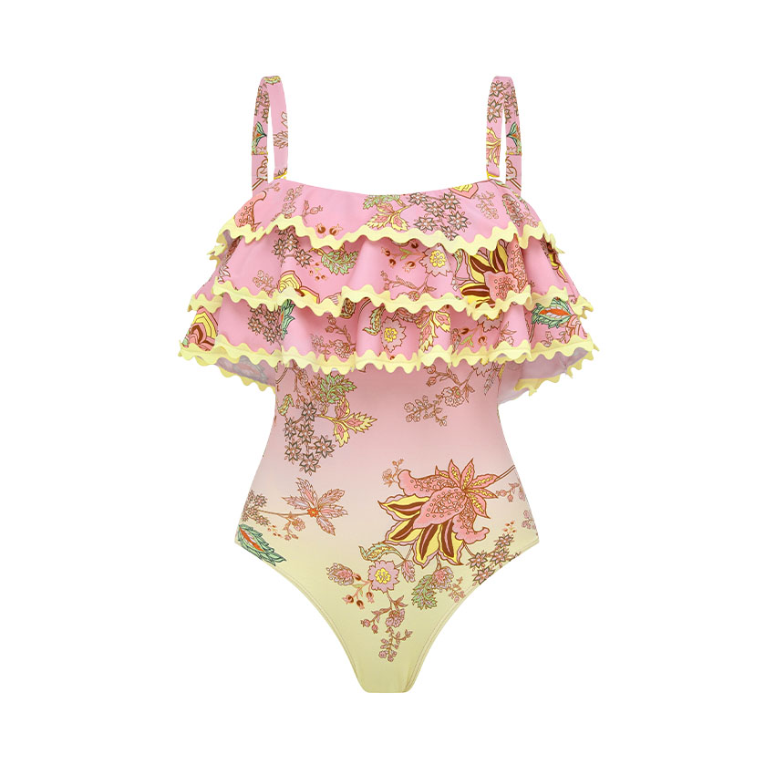 Ruffle Color Block Printed Swimsuit Set(s)