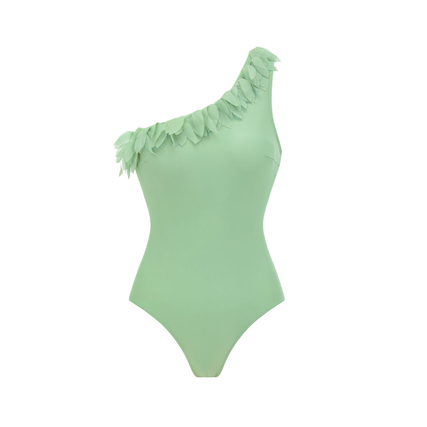 Oblique Shoulder 3D Petals Solid Color Swimsuit Set(s)