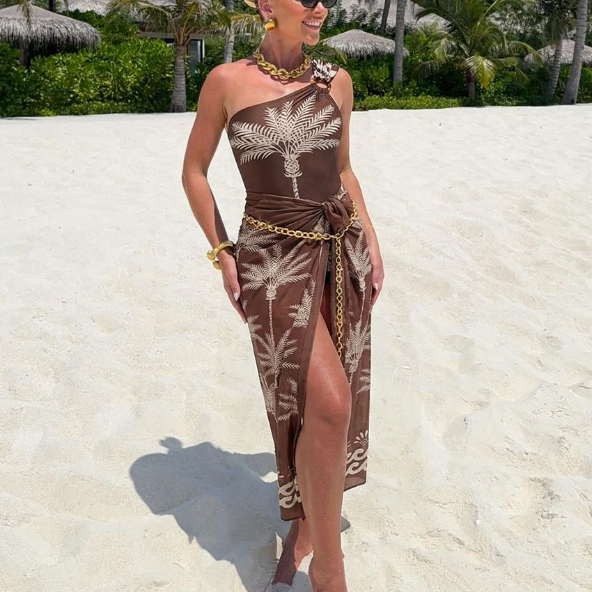 One Shoulder Palm Print Swimsuit Set(s)