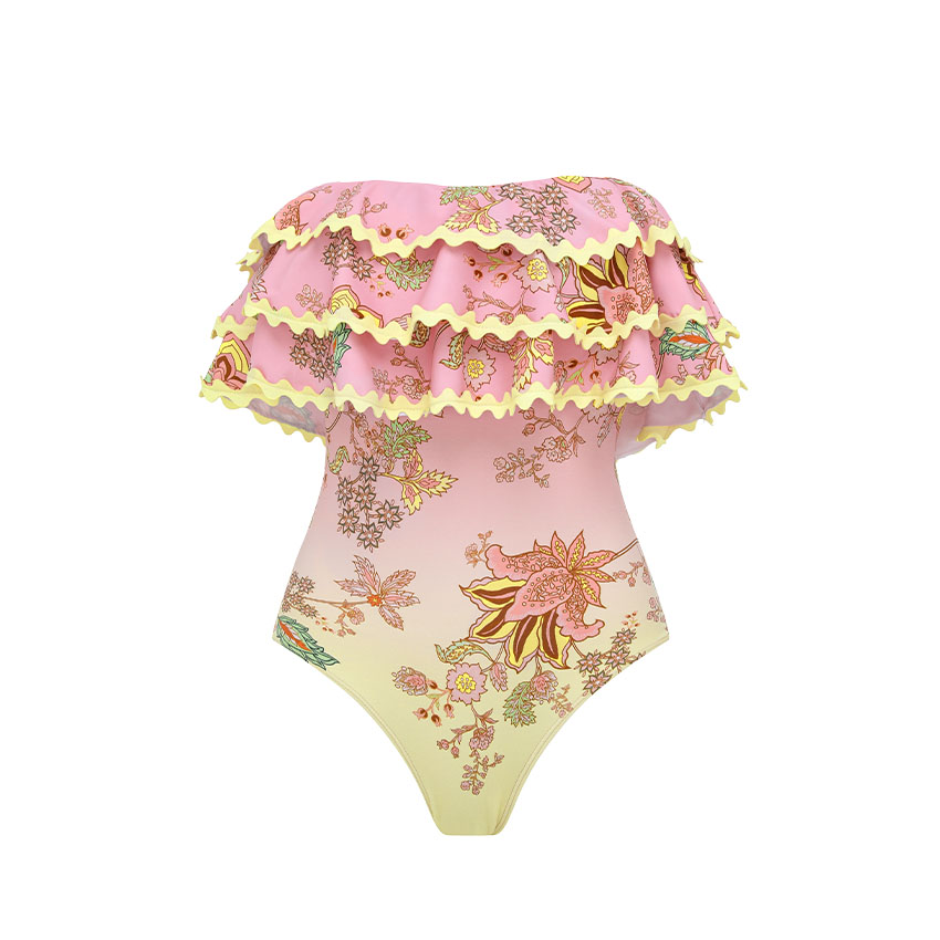 Ruffle Color Block Printed Swimsuit Set(s)