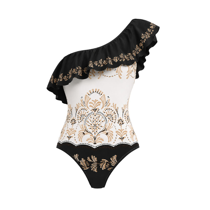One Shoulder Color Block Printed Swimsuit Set(s)