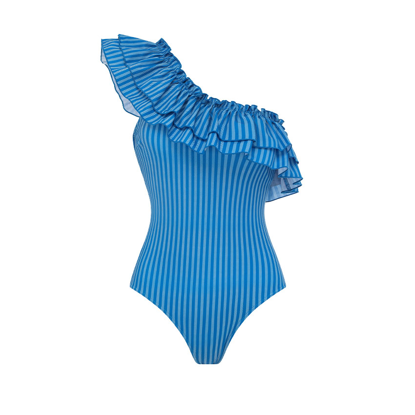 One Shoulder Ruffle Striped Print Swimsuit Set(s)