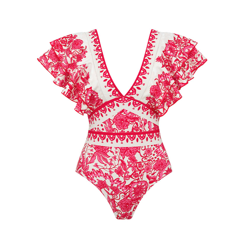 V Neck Ruffle Printed Swimsuit Set(s)
