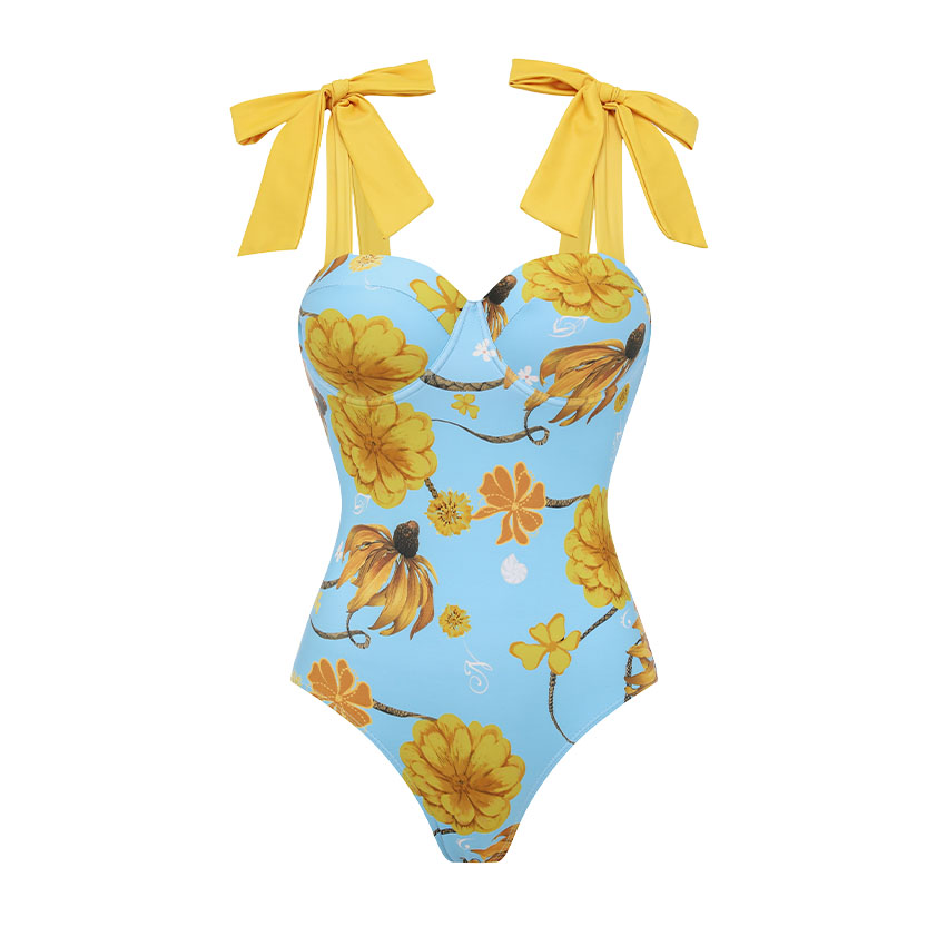 Bandage Bowknot Design Chrysanthemum Print Swimsuit Set(s)