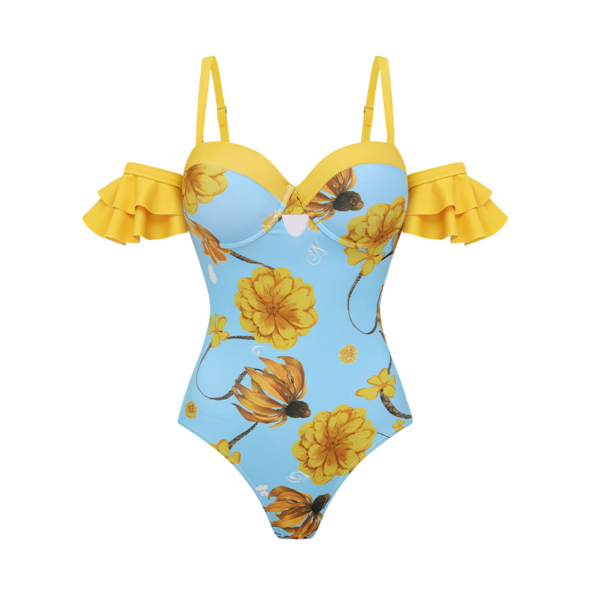 Bandeau Ruffle Chrysanthemum Print Swimsuit Set(s)