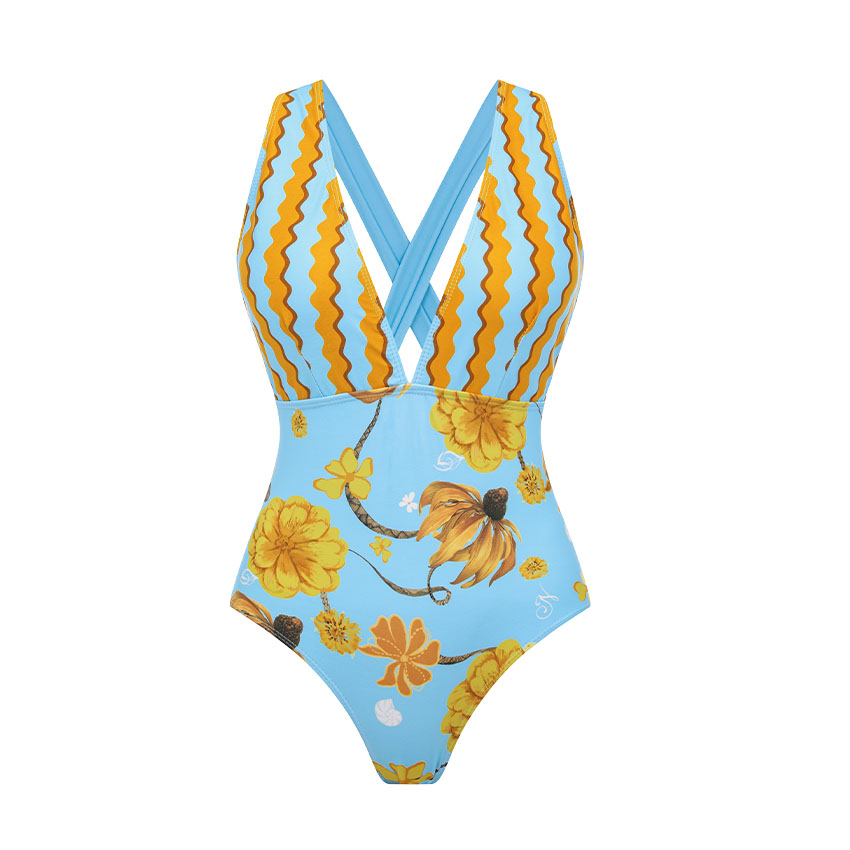V Neck Chrysanthemum Print Swimsuit Set(s)