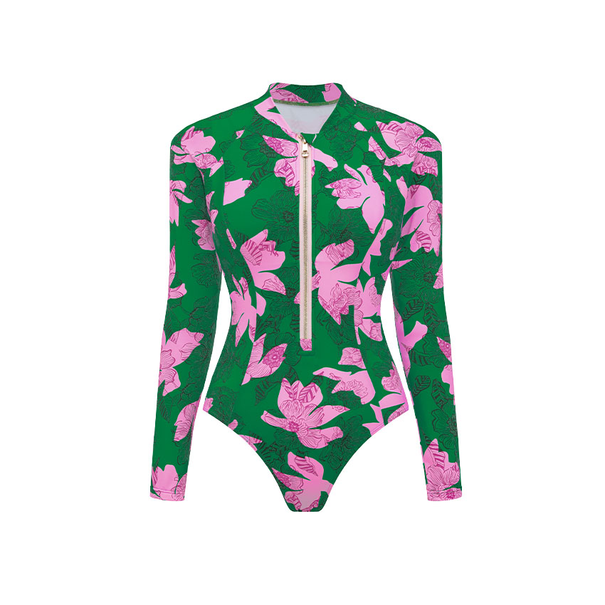 Zipper Printed Long Sleeve Rashguard Swimsuit Set(s)