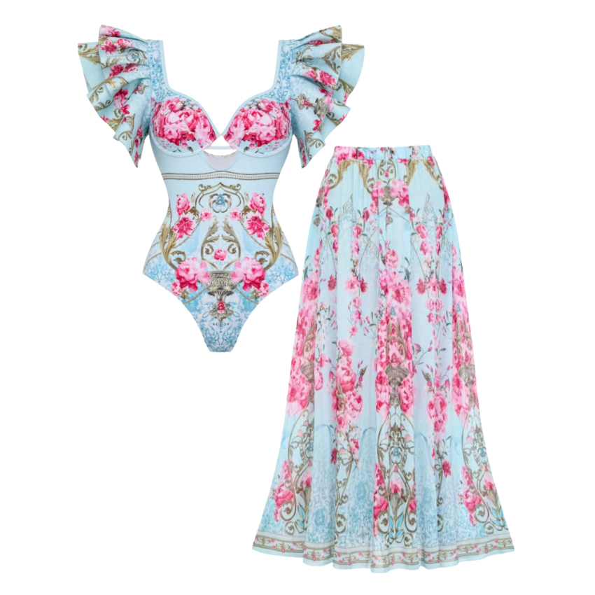 Ruffled Blue Blooming Flowers Print One Piece Swimsuit and Skirt