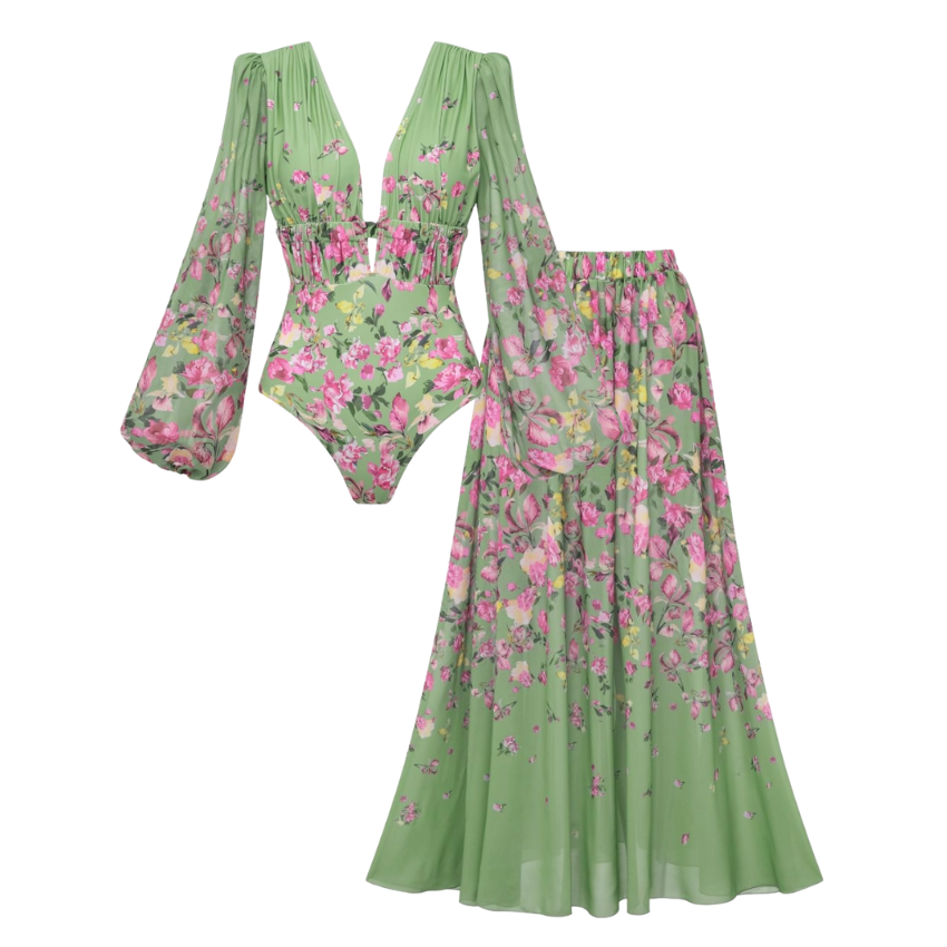 Long Sleeve Floral One Piece Swimsuit and Skirt