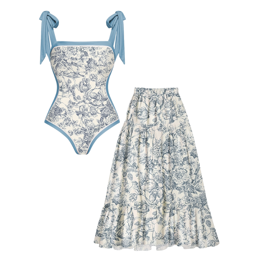 Blue Reversible Bowknot Tie-shoulder One Piece Swimsuit and Sarong/Skirt Flaxmaker