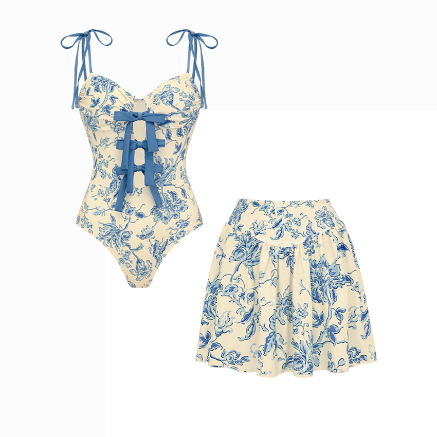 Bowknot Decor Cutout Printed Swimsuit Set(s)
