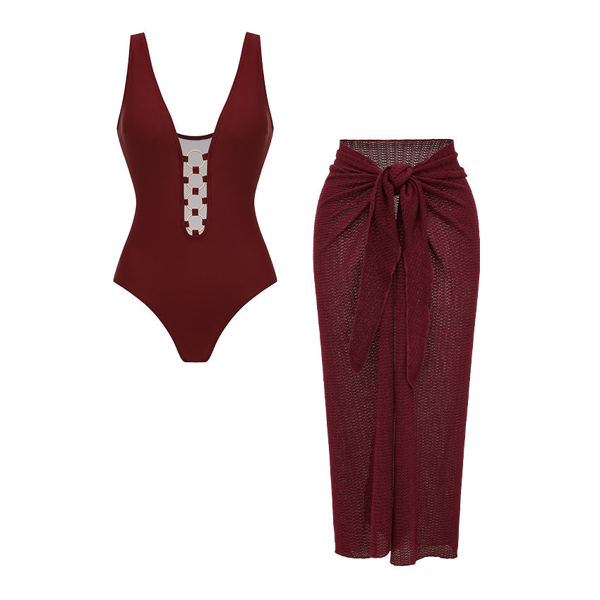 V Neck Cutout Solid Color Swimsuit Set(s)