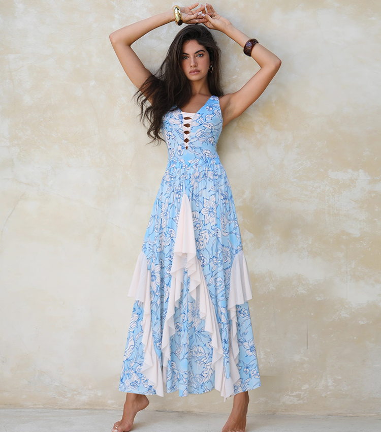 Cut-out Blue Flowers Pinted Swimsuit Set(s)