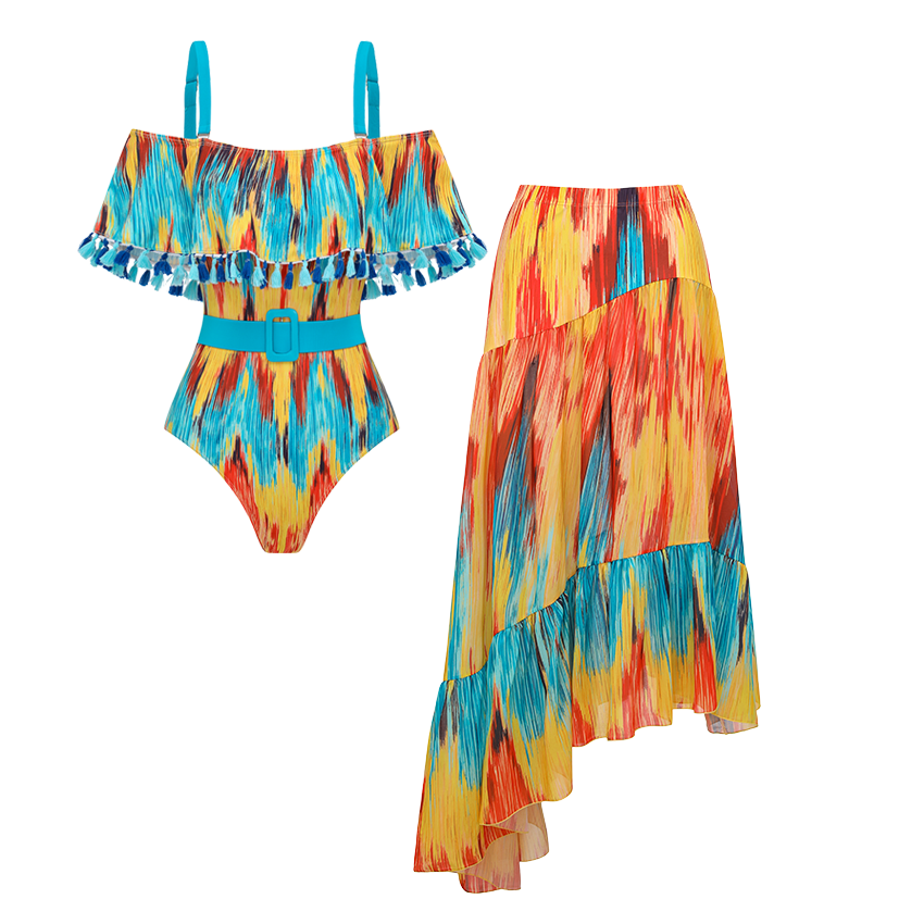 Blue-Orange Gradient Off-shoulder Swimsuit Set(s)