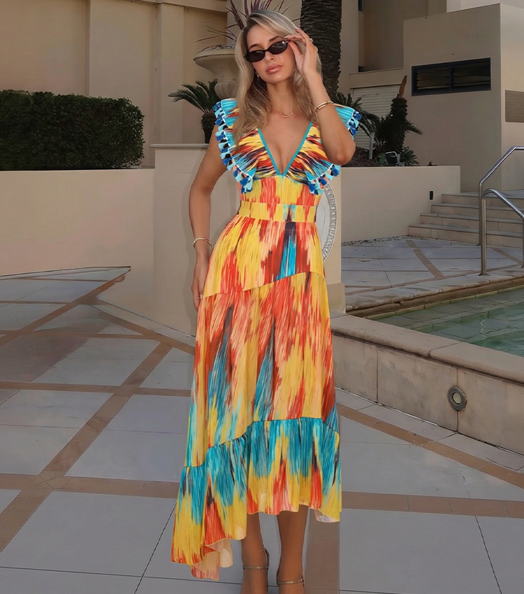 V-neck Blue-Orange Gradient Swimsuit Set(s)