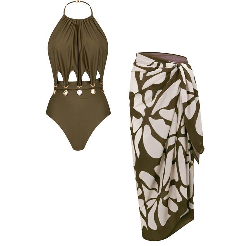 Halter-neck Olive Green Hollow Out Swimsuit Set(s)