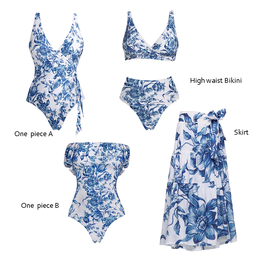Bandeau Ruffle Blue Print Swimsuit Set(s)