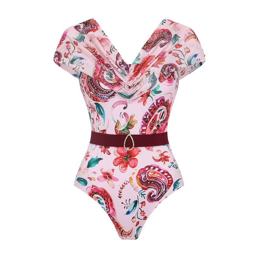 Off-shoulder Pink Paisley Print Swimsuit Set(s)