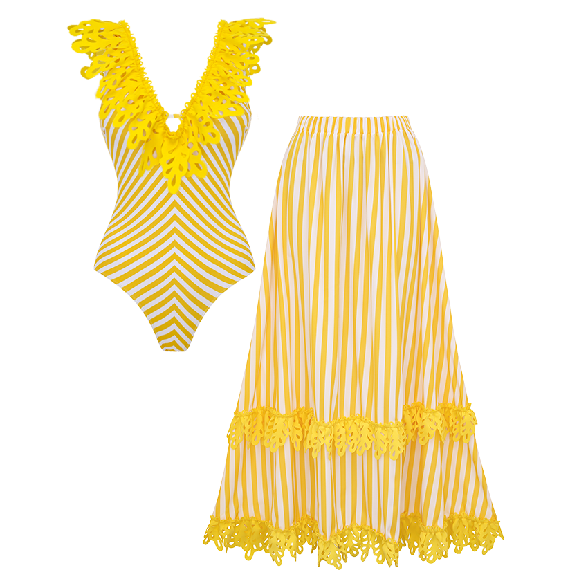 Openwork Lace Yellow Stripes Swimsuit Set(s)