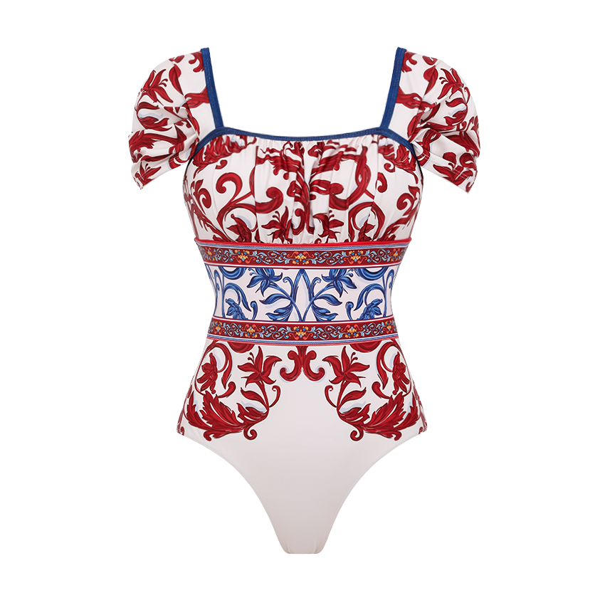 Red & Blue Seville Tiles Print Ruched Bust Swimsuit Set(s)