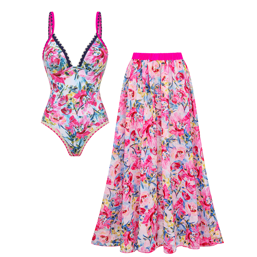 V-neck Pink Iris Print Swimsuit Set(s)