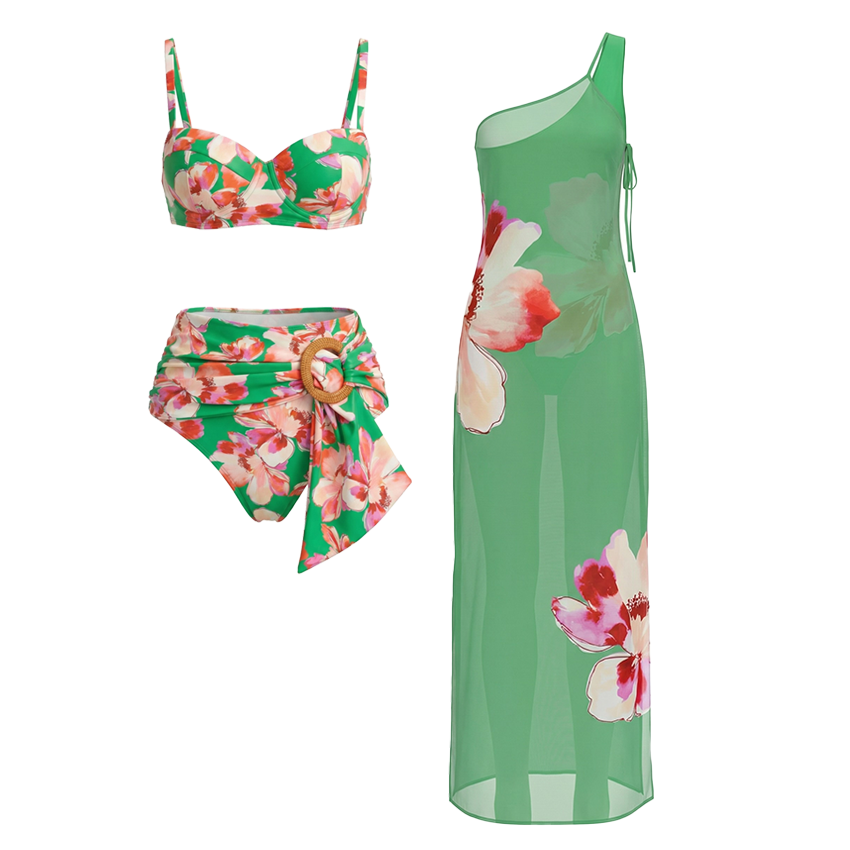 Underwire Green & Red Color Blocking Swimsuit Set(s)