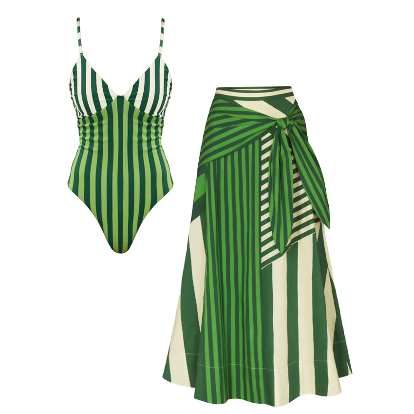 Green and White Striped Print Swimsuit Set(s)