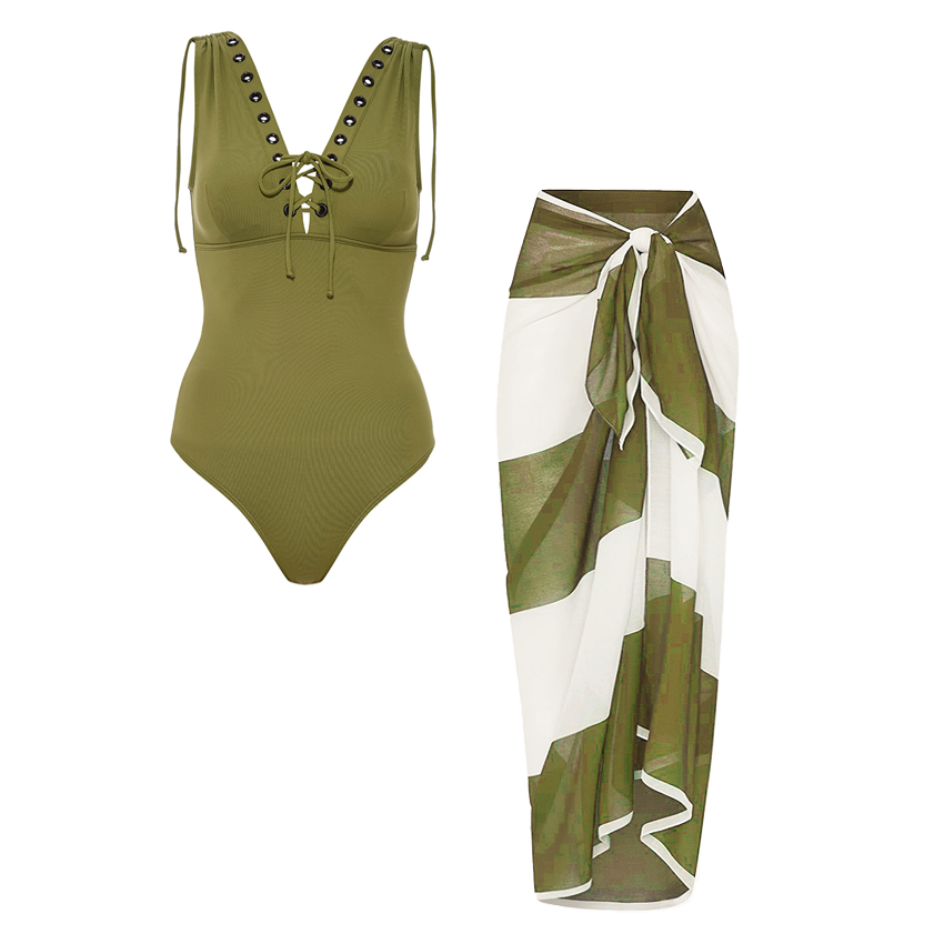 Olive Drab Strap Embellishment Swimsuit Set(s)
