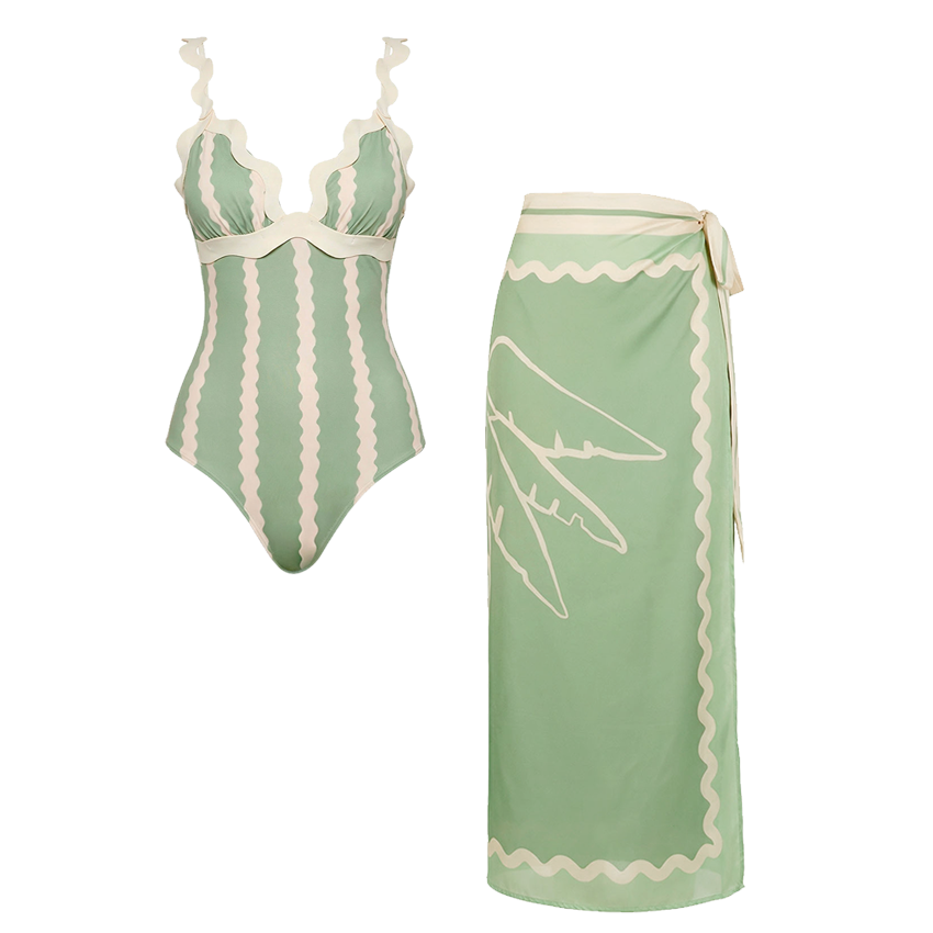 Pale Green Wave Pattern Swimsuit set(s)