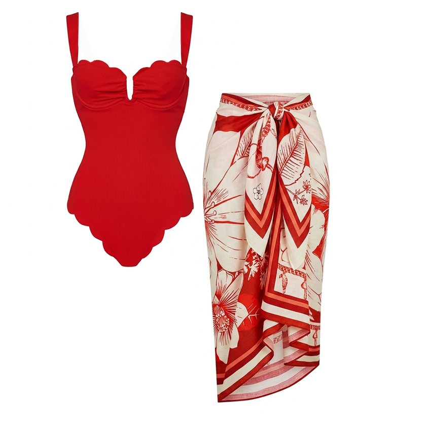 Detachable Shoulder Straps Red Color Laser Cutting Swimsuit Set(s)