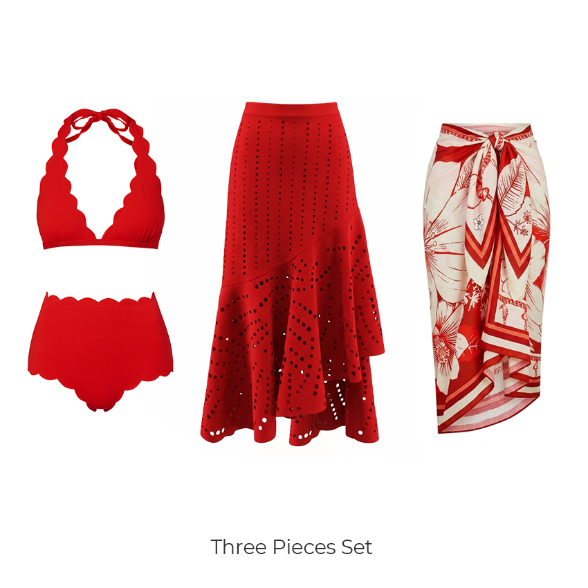 Halter Red Color Laser Cutting Bikini Swimsuit Set(s)