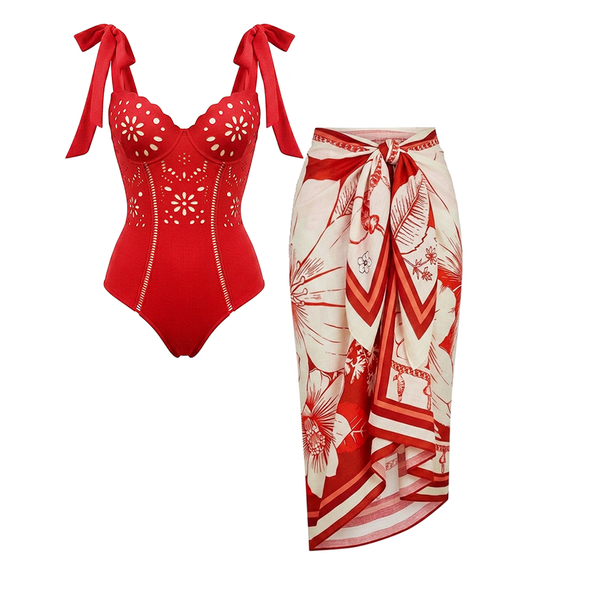 Red Color Laser Cutting Swimsuit Set(s)
