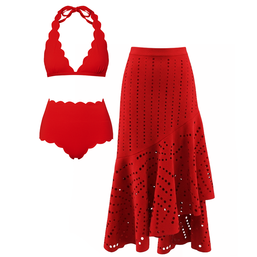 Halter Red Color Laser Cutting Bikini Swimsuit Set(s)