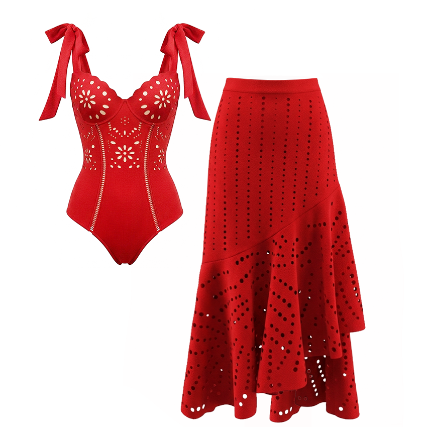 Red Color Laser Cutting Swimsuit Set(s)