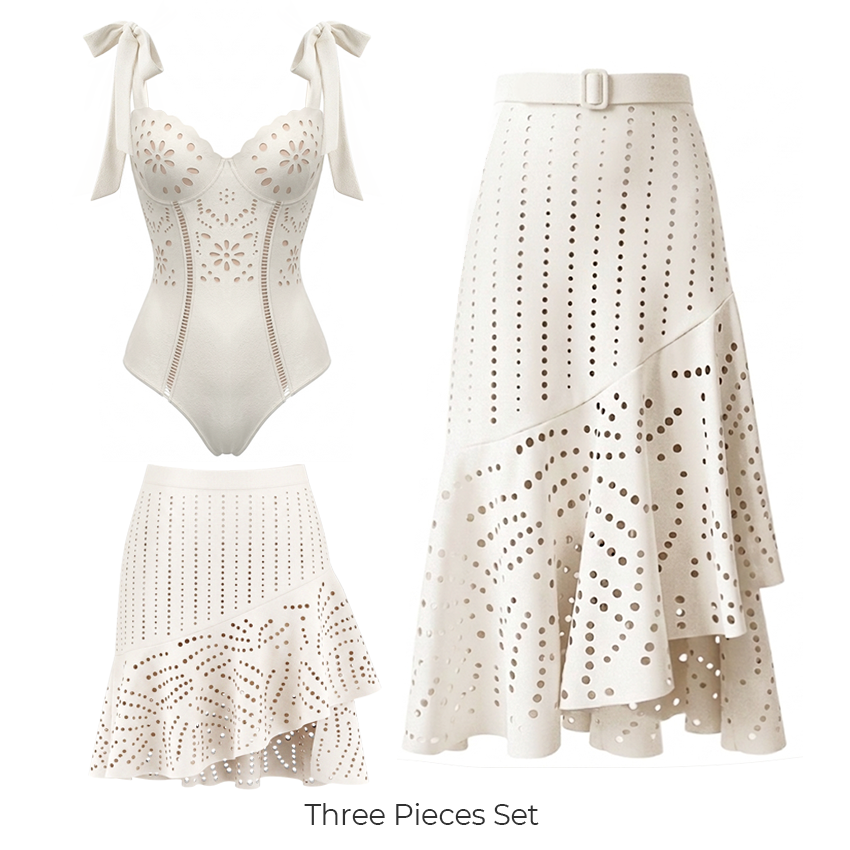 White Color Laser Cutting Flower Swimsuit Set(s)