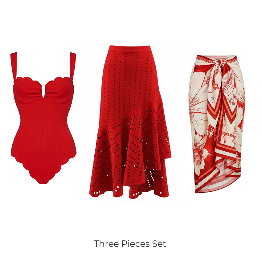 Detachable Shoulder Straps Red Color Laser Cutting Swimsuit Set(s)