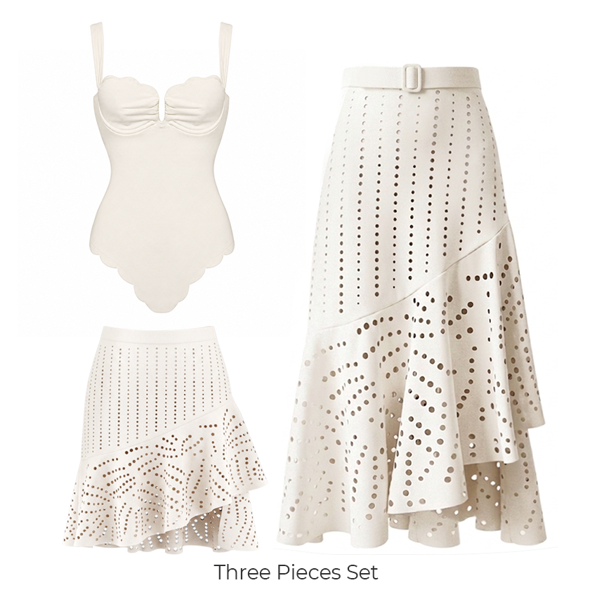 Detachable Shoulder Straps White Color Laser Cutting Swimsuit Set(s)