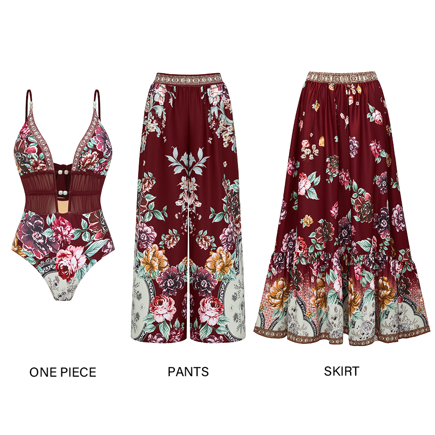 Hollow out Peony Print Swimsuit Set(s)