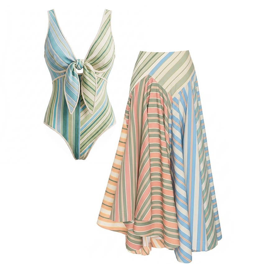Striped Color-block Pattern Print Swimsuit Set(s)