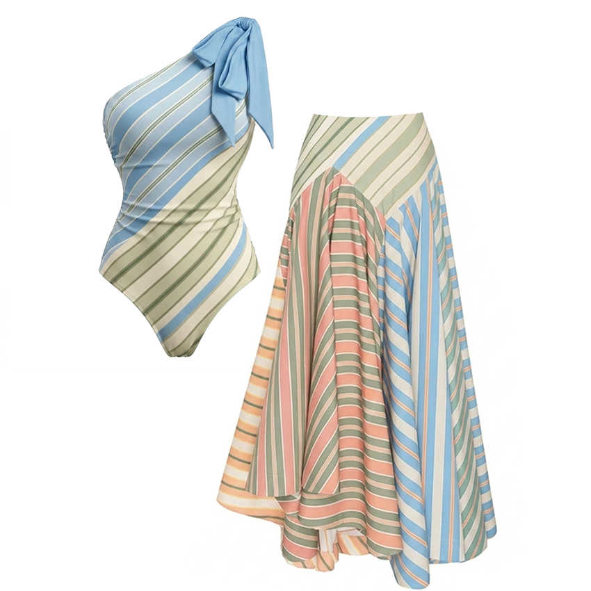 Striped Color-block Pattern Print Swimsuit Set(s)